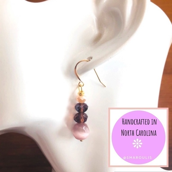 BOHO Indie 14k/Sterling Silver Earrings Pink Jade, Cats Eye Pink Deep Purple - Picture 2 of 9